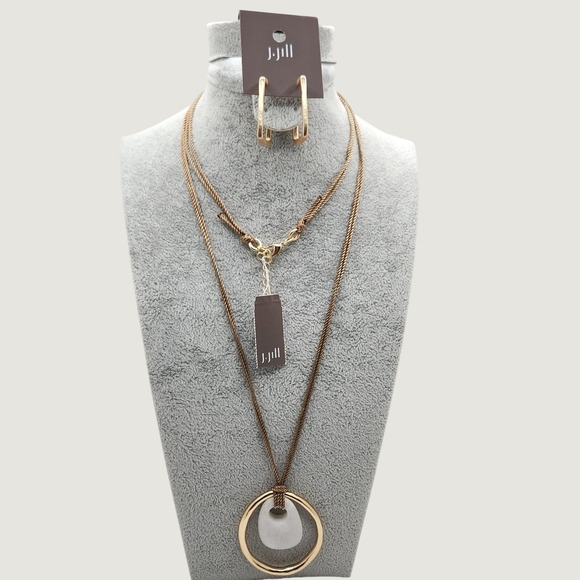 J. Jill Jewelry - Modernist Mate Gold Tone Stone Pendant Necklace & Square Hoop Earrings‎ Set